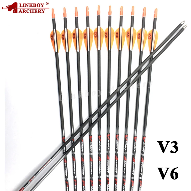 Linkboy Archery 6PCS Carbon Arrows V3 V6 Spine350 900 ID4.2mm 30'' 80gr