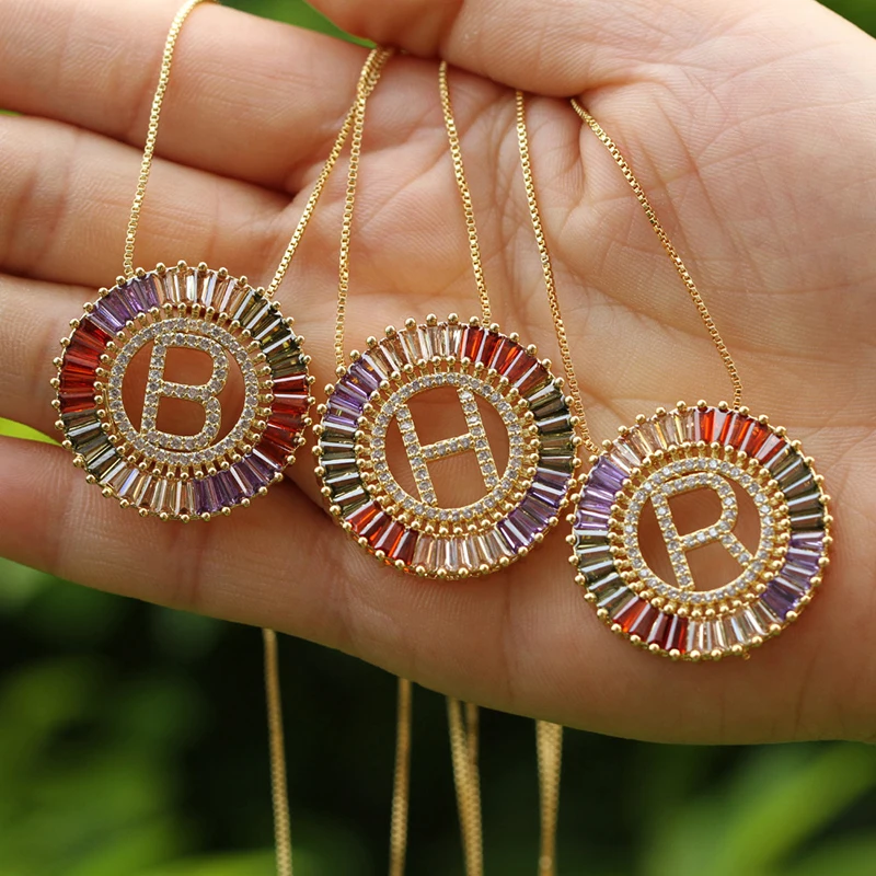 Multicolor CZ Charm Necklace Fashion Gold 26 Alphabet Round Pendant Necklace Micro Pave Zircon Letter Necklaces C25