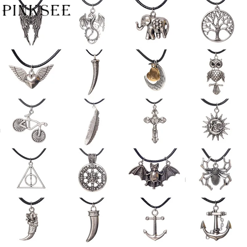 

PINKSEE Black Leather Chain Multi Shape Elephant Bat Pendant Necklaces Bib Statement Charm Collar Necklace For Women Jewelry