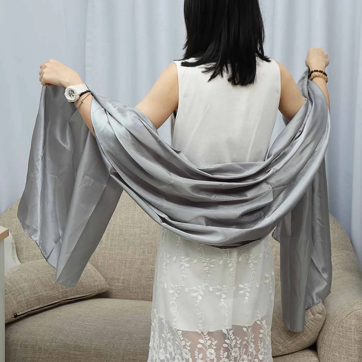 5 цветов женские Обертывания мягкая сатиновая шаль свадебное платье шарф Выпускной меховые шарфы покрытие вечернее платье длинный шарф Обертывания - Цвет: Silver Grey