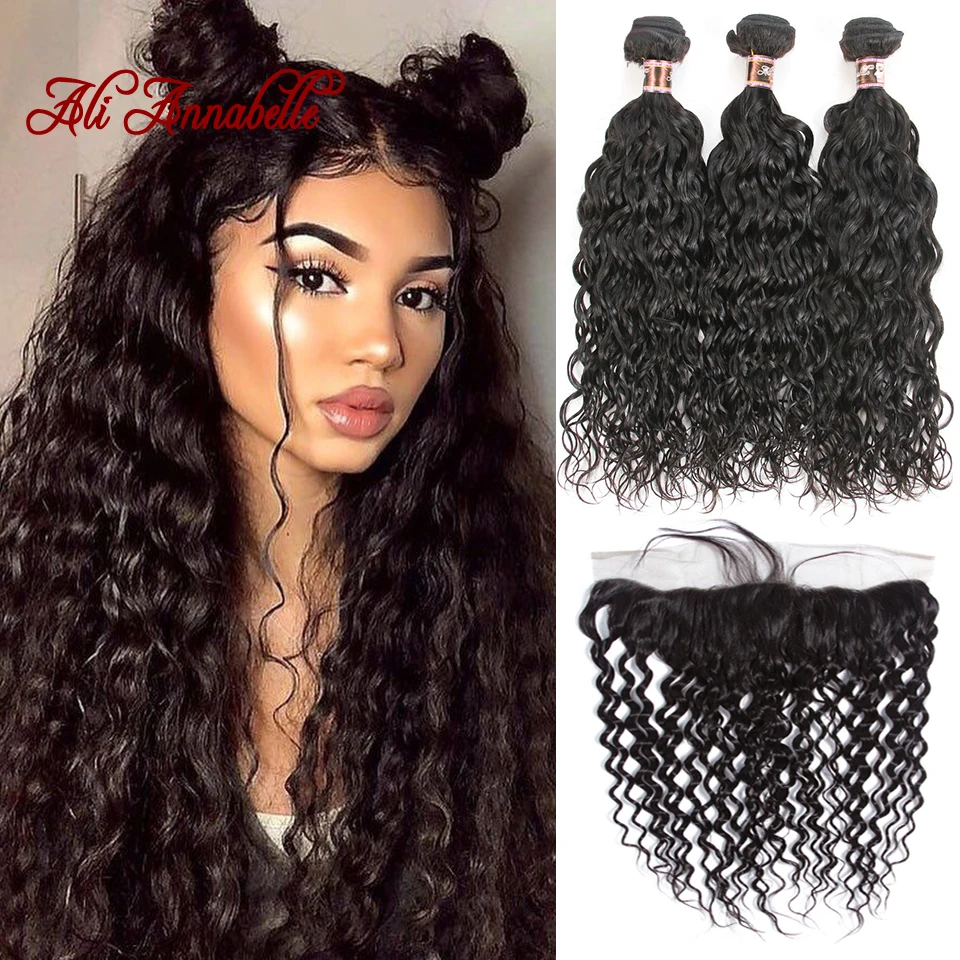 Onda di acqua Bundle Con Frontale Peruviana Pacchi Dei Capelli Umani Con 13x4 Veletta Nella Chiusura Dei Capelli Umani Bundle Con Veletta Frontale