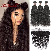 Pacotes de onda de água com frontal peruano feixes de cabelo humano com 13x4 fechamento do laço pacotes de cabelo humano com laço frontal
