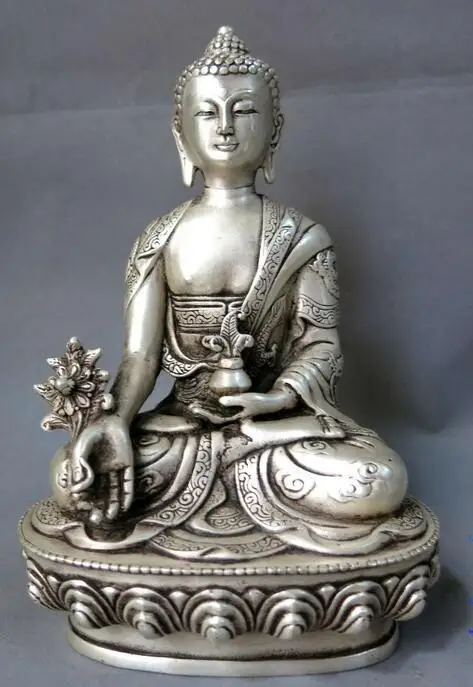 

free 8" China silver dragon feng shui lucky buddhism Medicine Buddha sculpture Statue fast