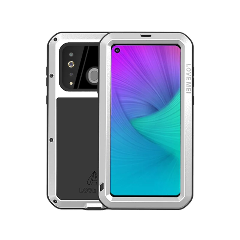 Серебристый 6,4 '' чехол LOVE MEI прочная Обложка Fundas для Samsung Galaxy A8S чехол для тяжелых условий эксплуатации противоударный ТПУ Металл крышка Закаленное Стекло - Цвет: Серебристый