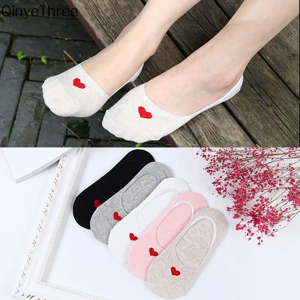 1 пара, невидимые лодочки с красным сердцем, носки милые Простые удобные носки из хлопка для женщин, весенне-летние носки