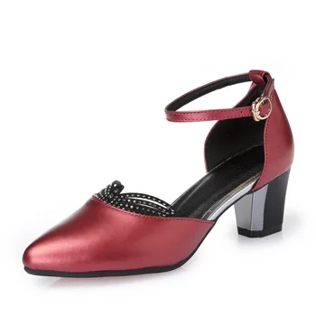

2019 New Summer Rhinestone Genuine Leather Shoes Women Sandals with Thick Heels Was Thin Pointed Women Shoes Fashion Sandals