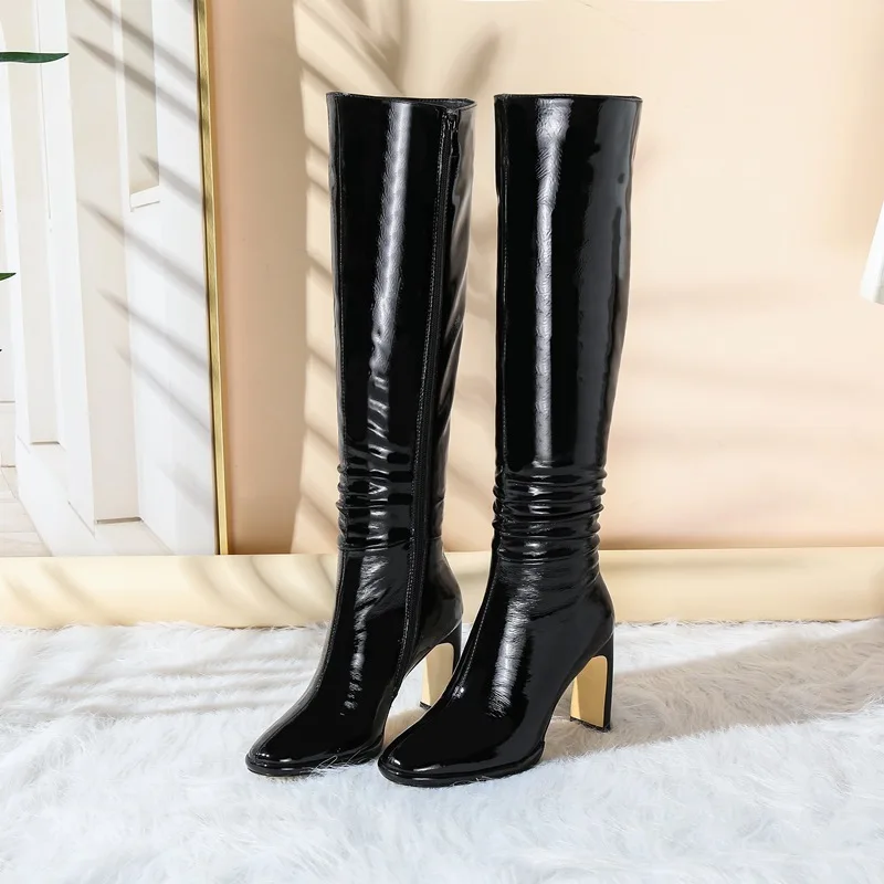 EGONERY/Женская обувь; новые модные зимние пикантные сапоги до колена из натуральной кожи с квадратным носком; женская обувь на очень высоком каблуке