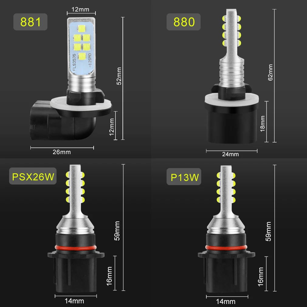 2 шт. H27 светодиодный 880 881 PS X 26W P13W светодиодный лампы Противотуманные фары Дневные Фары Свет H27W2 H27/1 H27/2 6500K 1400LM Авто дневные ходовые фары, фары 12V