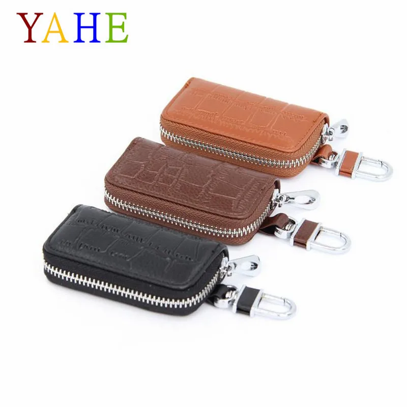 

YaHe 100% Genuine Leather Car Key Holder Wallets Men Keys Organizer Housekeeper Women Cover Zipper Key Case Bag Mini Pouch Purse