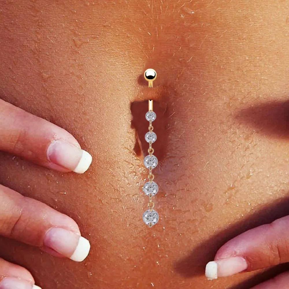 Women Long Clear Jewelry Belly Bar Body Piercing Rhinestone Navel Ring Dangle 