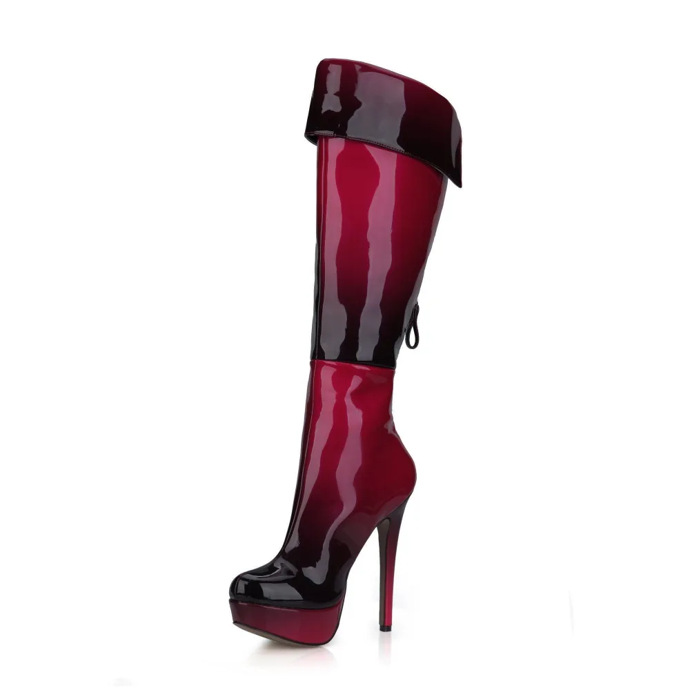 

2018 new fashion sexy lady shoes high heels platform knee high boots flock patent leather women snow winter long motorcycle boot