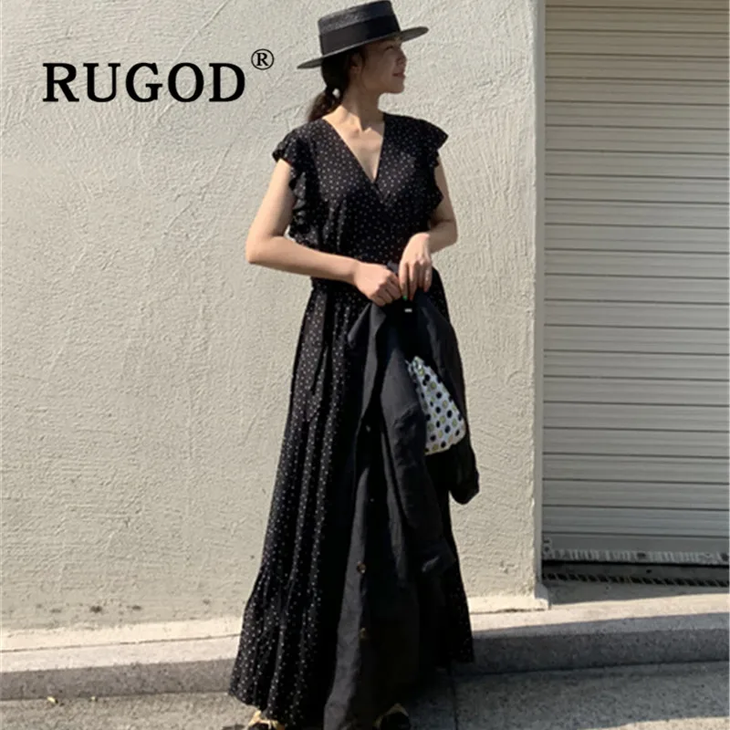 

RUGOD Vintage Dot printed maxi women dress Fashion layer sleeve ruffles summer party dresses vestidos Elegant V neck black dress
