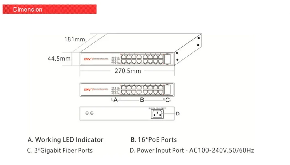 PoE коммутатор ONV POE33016PFB 16POE один порт до 1000 м медный кабель RJ45 порты (Все порты поддерживают MDI/MDIX) + 2 * гигабитный SFP порты