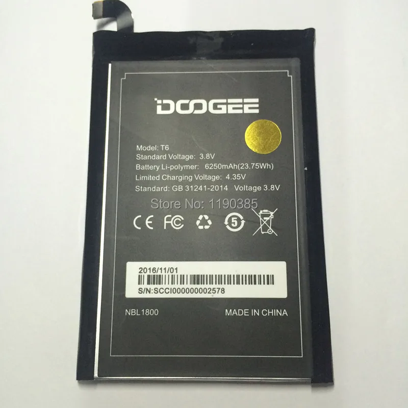 100% all original new battery DOOGEE HOMTOM HT6 T6 T6 pro Battery 6250mAh Intelligent mobile phone Standby time is long