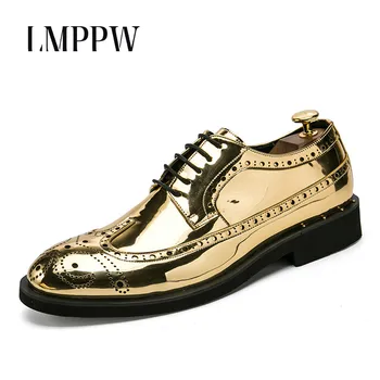 

2019 Men Fashion Vintage Brogue Shoes Patent Leather Lace Up Oxford Shoes Breathable Business Dress Bullock Men Shoes Gold Black