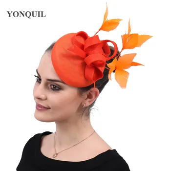 

New Female Wedding Party Fedora Hat Women orange Fascinator Fashion Ribbons Penny Mesh Feathers Hats Amazing accessories SYF570