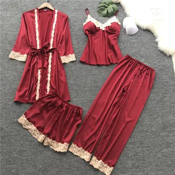 

2020 summer women's pajamas 4 piece suit fashion satin pajamas for women silk Home Clothing sexy lace Pijama with chest pads