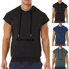 Летняя распродажа, Мужская Летняя Повседневная Спортивная майка с капюшоном и карманом, короткий рукав, майка, майка для фитнеса, майка без рукавов для мужчин