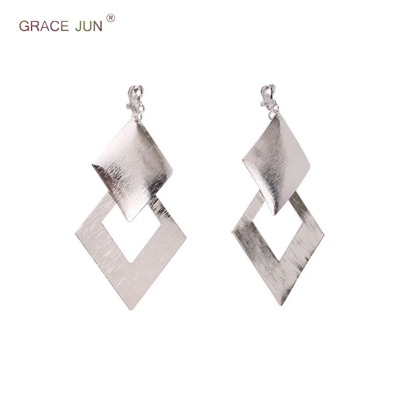 

GRACE JUN Luxury Fashion Large Rectangle Shape Geometric Clip on Earrings Non Piercing for Women Pom Statement No Hole Earrings