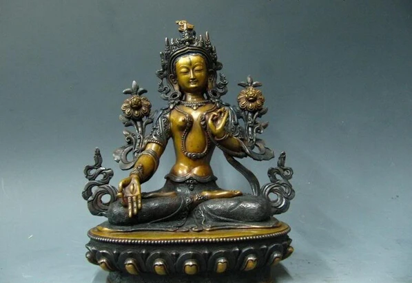 

S1450 9"Tibet 100% Pure Bronze lotus flower White TaRa Buddha D0318