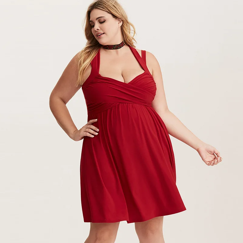 

Women Sexy Hollow Out Bandage Dresses Plus Size Solid Sleeveless Fit and Flare Dress V-Neck Female Summer Party Vestido HS1954