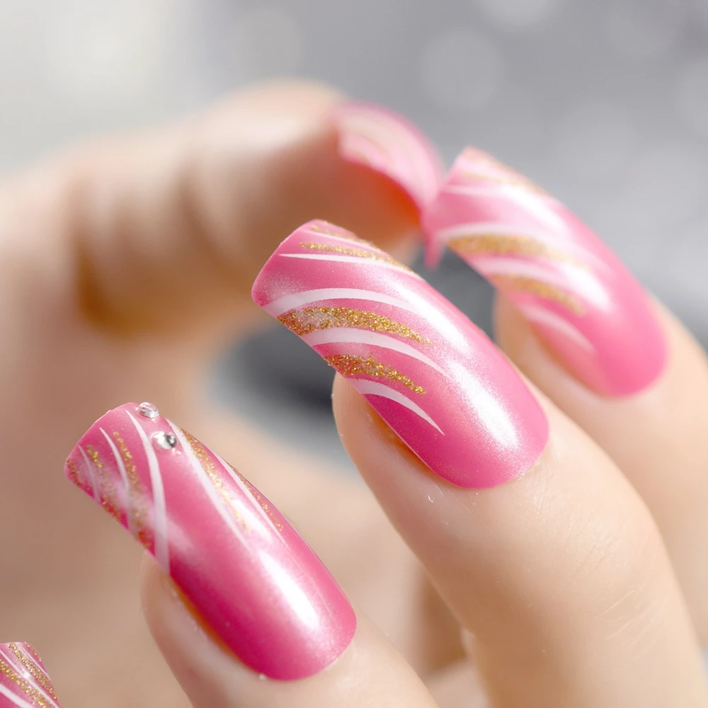 Розовые накладные ногти с золотым блеском и квадратной головкой, Длинные накладные ногти, стразы, акриловые накладные ногти - Цвет: Z779