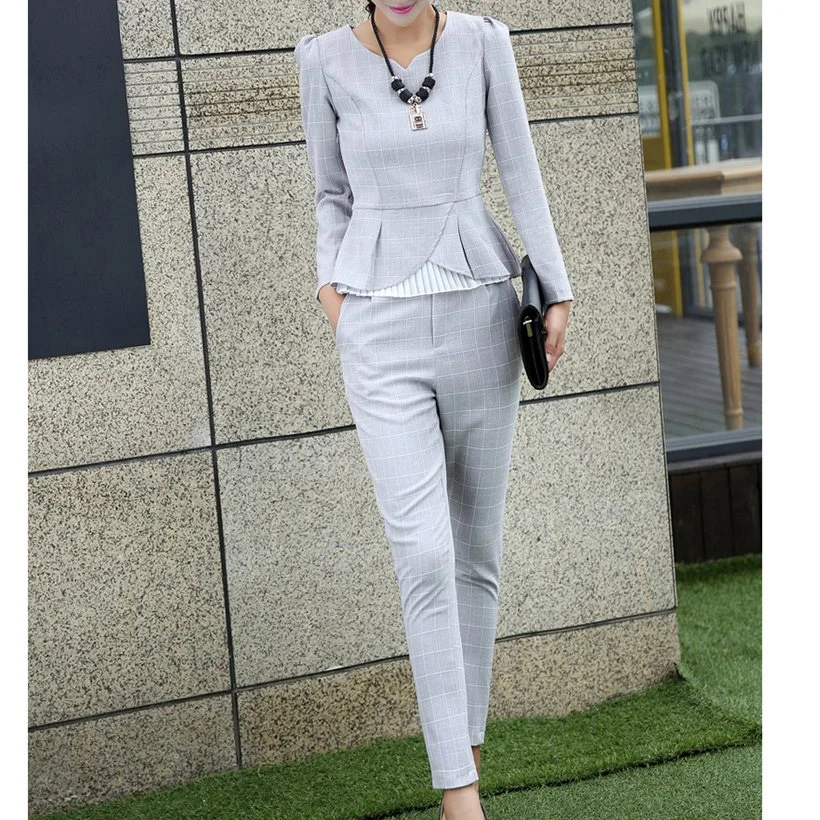 Ellacey New Spring Autumn Fashion Women's Business Pants Suits Office Lady Plaid Checker Ruffles Suits For Women 2 Pieces Set