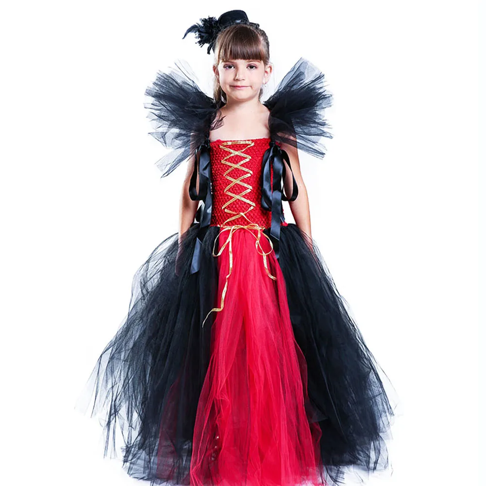 

Black Red Tulle Patchwork Evil Queen Halloween Dress for Girls Witch Costumes Criss-Cross Ribbon Bow Puff Sleeve Long Tutu Dress