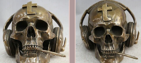

xiuli 004283 10" ART Bronze Sculpture Smoke Cigarette Listen to the Headset Skull Head Statue