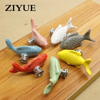 

2PCS/LOT Vintage fish Ceramic Door Knob Children Room Cupboard Cabinet Drawer Suitable Kitchen Furniture Home Pull Handle