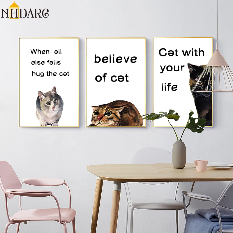 Nordic Lovely Animal Cat Believe of with your life Quote Posters and Prints Canvas Painting Wall Picture Art Home Decor | Дом и сад