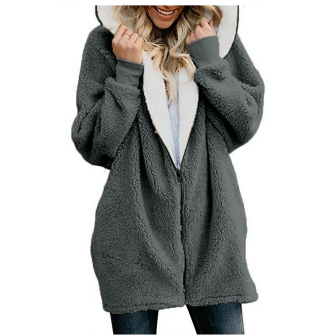 Новые женские толстовки на молнии для девушек, зимняя свободная пушистая толстовка с капюшоном, длинная теплая верхняя одежда, пальто, милая толстовка на молнии, 5xl - Цвет: Темно-серый