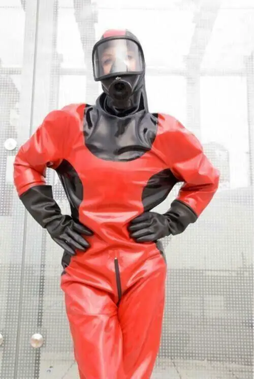 

Gummi Latex Rot Schwarz Suit Strumpfhose Uniform Catsuit Sexy Party