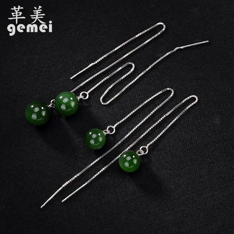 

Gemei Chinese Style Natural Stone Round Long Tassel Drop Earrings Jewelry Earrings For Women Retro Style Ethnic Earrings