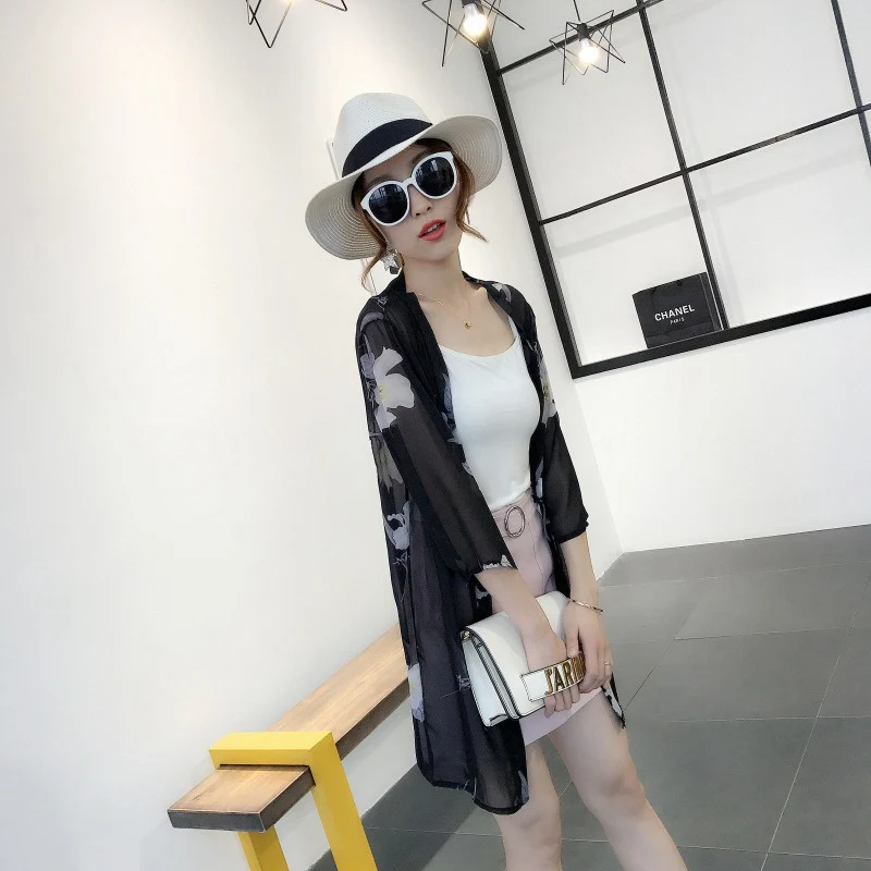 Модная женская рубашка с длинным рукавом Blusas куртка длинная свободная повседневная Sunblock укороченный шифоновый кардиган с принтом кимоно