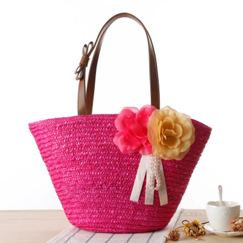 Japanese and Korean new pastoral two flowers braid women's solid color shoulder woven bag travel holiday beach bag