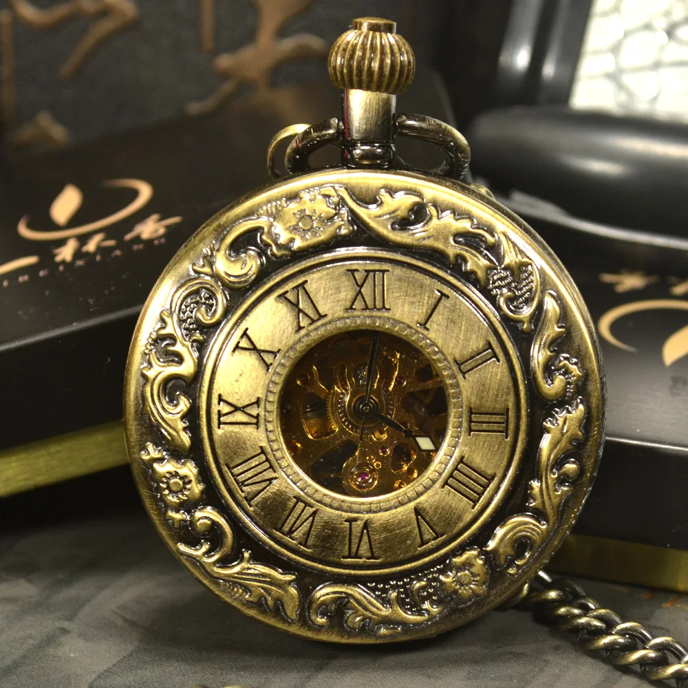 Steampunk Luxury Fashion Antique Skeleton Mechanical Pocket Watch Men Chain Necklace Business