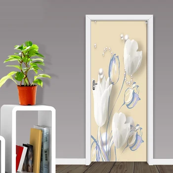 

PVC Self-adhesive Removable Door Sticker White Flower 3D Wallpaper Living Room Door Decor Decals Wall Sticker Papel De Parede 3D