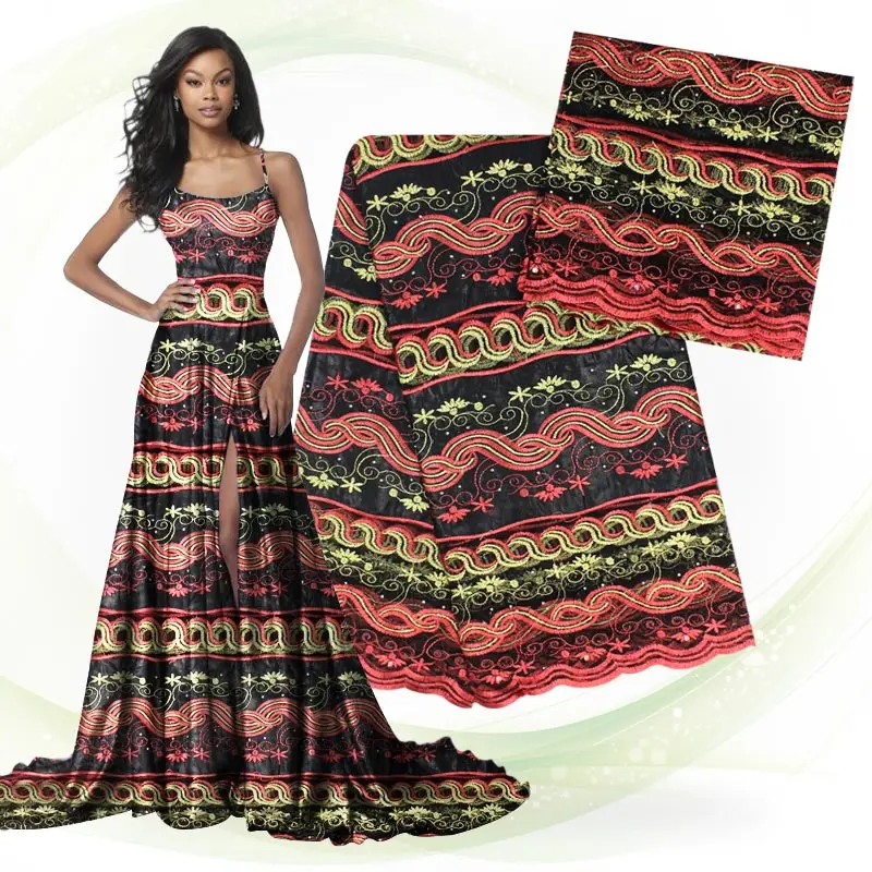 

Black+Red Beads 5+2 Embroidery Bazin Riche Fashionable African Material Wholesale And Retail African Lace Bazin Riche Getzner