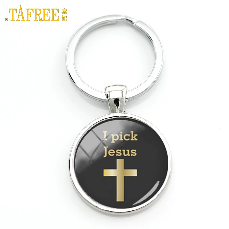 

TAFREE I Pick Jesus Golden Cross Keychain Charm Fashion Key Chain Key Ring Gift Car Keychain Faith Christianity Jewelry KC429