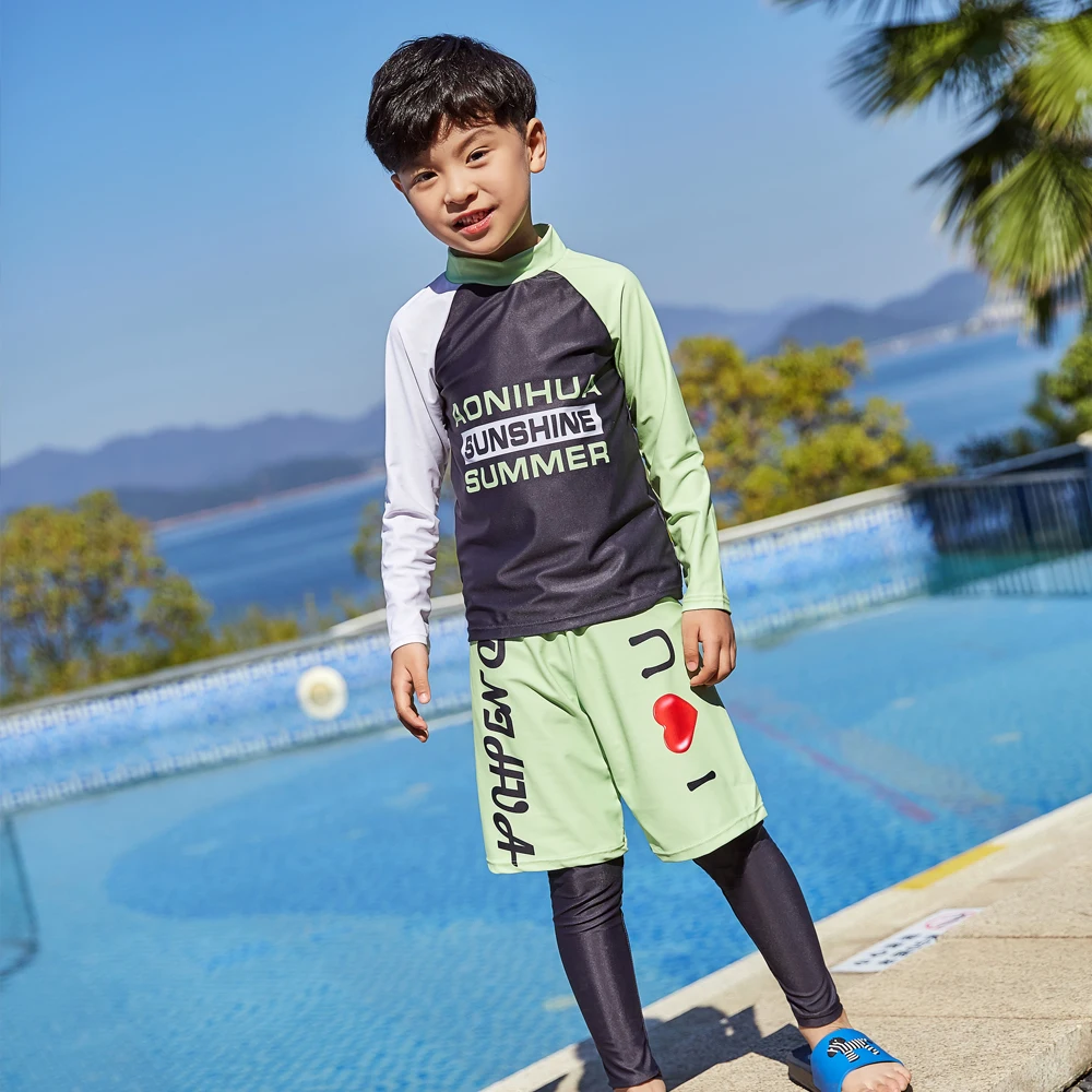 Купальник с длинным рукавом для детей, купальный костюм из двух предметов для мальчиков, детский плавательный комплект с крышкой, Шорты для плавания