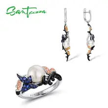 SANTUZZA набор украшений для женщин 925 пробы Серебряная синяя бабочка пресная вода белый жемчуг серьги кольцо набор ювелирных изделий