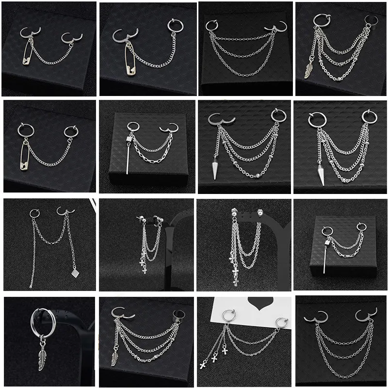 

VIVILADY Tibetan Silver Color INS Unisex Hoop Earrings Chic Metal Bar Cross Feather Spike Pin Pendant Personal Tassel Brincos