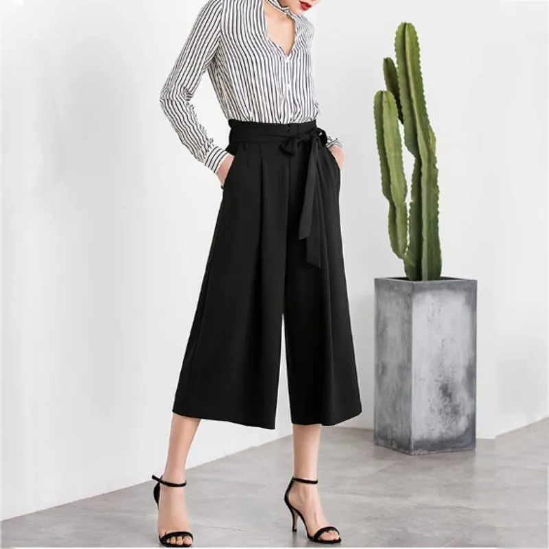 

Summer Newest Style Leisure Pants Loose High Waist thin wide leg pants Solid Bow tie Bell Bottom Pant Women