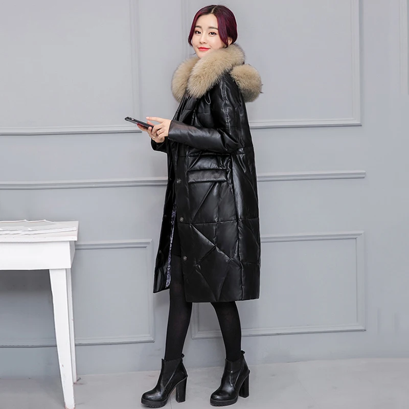 Зимнее пальто из искусственной кожи, Женская парка, новинка 2018 года, Корейская куртка с воротником из искусственного лисьего меха, кожаная