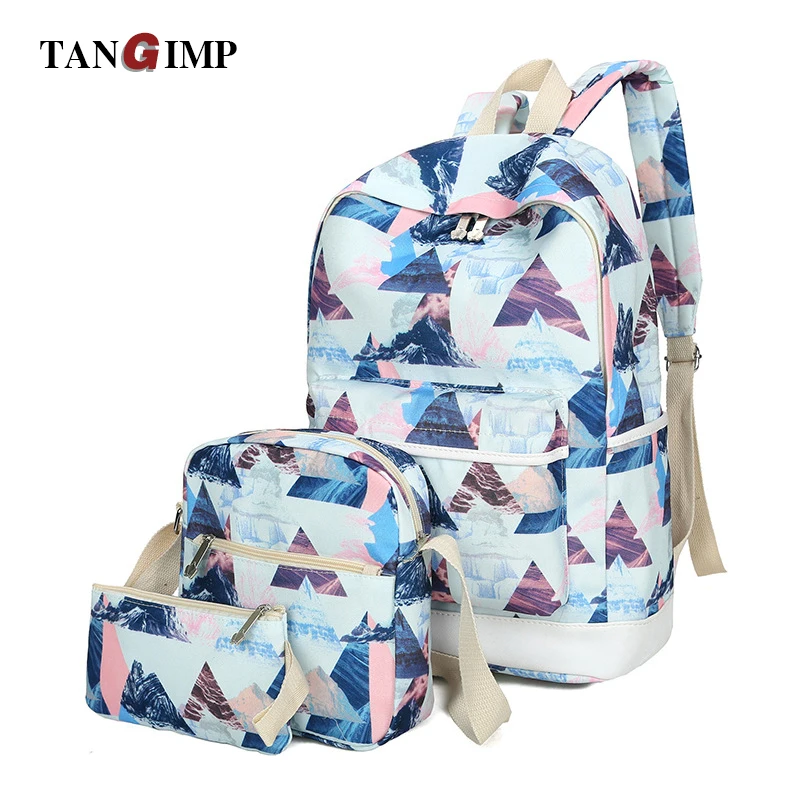 TANGIMP 3Pcs Sets School Backpacks Colorful Triangle Women Canvas Backpack Shoulder Bags Laptop Girls Preppy Bookbag Rucksack bookbags-for-girls