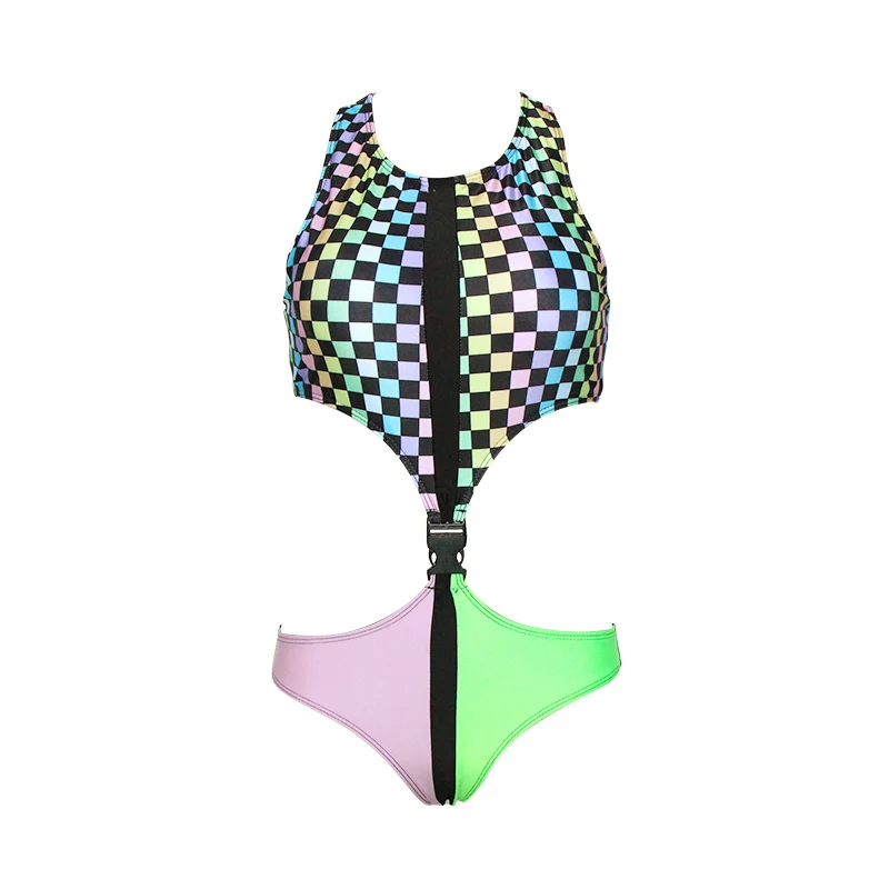 

New High Cut Monokini Hollow Out One Piece Swimsuit Women Patchwork Bathing Suit Plaid Swimwear Beach Swimming Wear