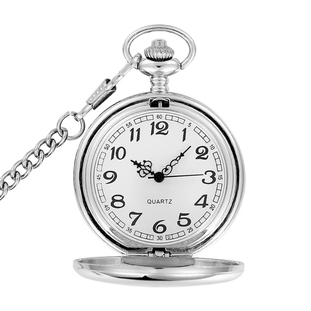 Модные ретро серебряный корпус кварцевые мужские карманные часы цепь гладкие стержни из нержавеющей стали лицо Классические карманные часы для мужчин женщин CF1001