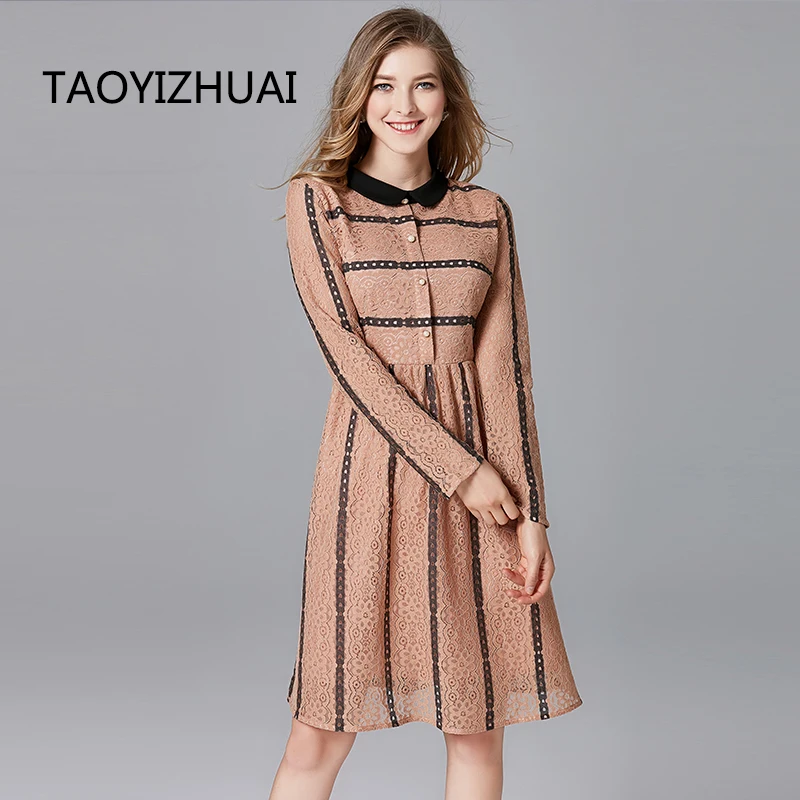 Новое поступление 2019 Осеннее модное женское кружевное платье в полоску TAOYIZHUAI