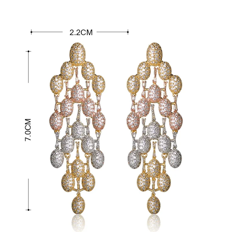Dazz большие витые болтающиеся медные серьги для женщин Свадебные украшения три тона кубический циркон бусины Длинные свисающие серьги